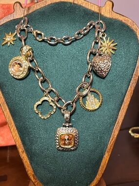 Gold & Silver Two-Tone Charm Bracelet w/Amber Crystals, Stars, Skyline ❤️🍀